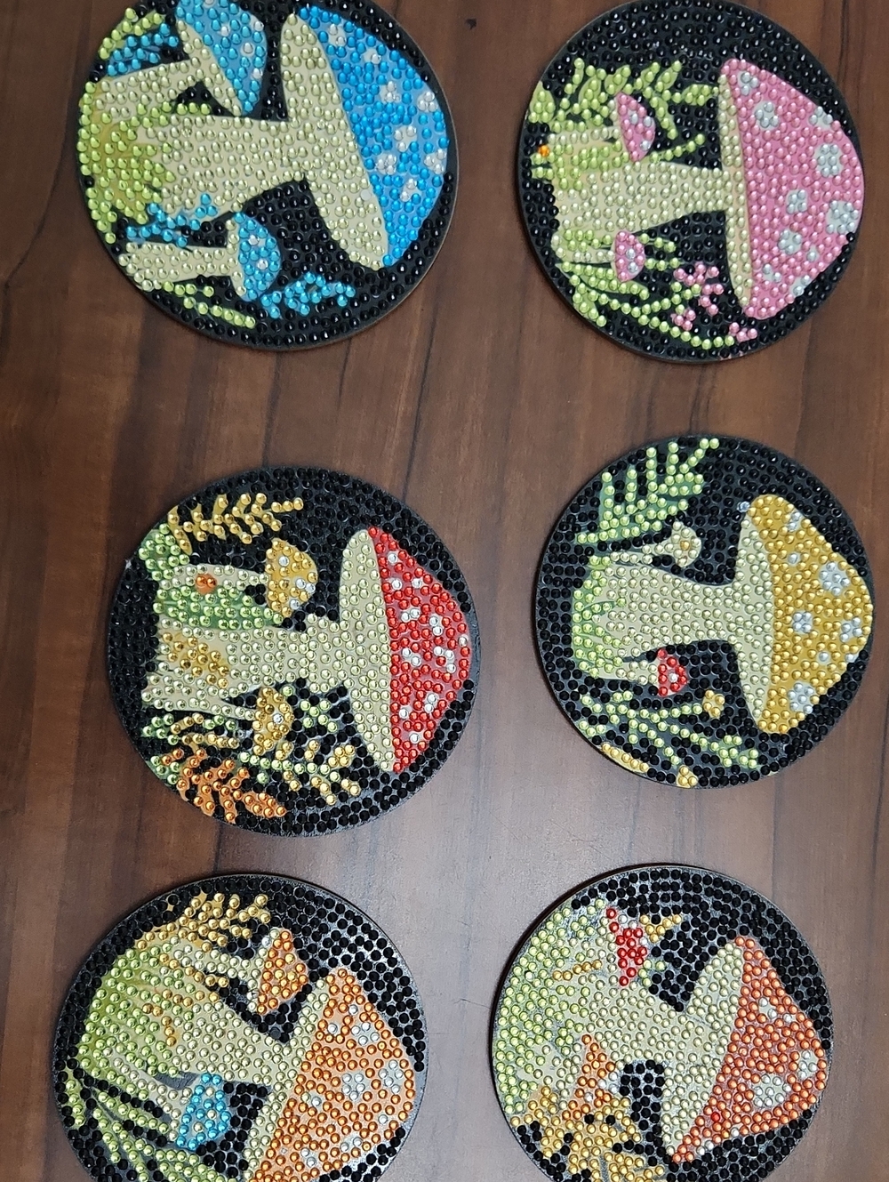 Handmade Rhinestone Mushroom Coasters - Colorful Set of 6 With Holder